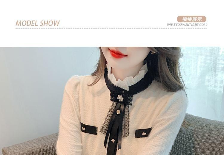 Long-Sleeve Stand Collar Bow Accent Contrast Trim Button-Up Blouse Product Image