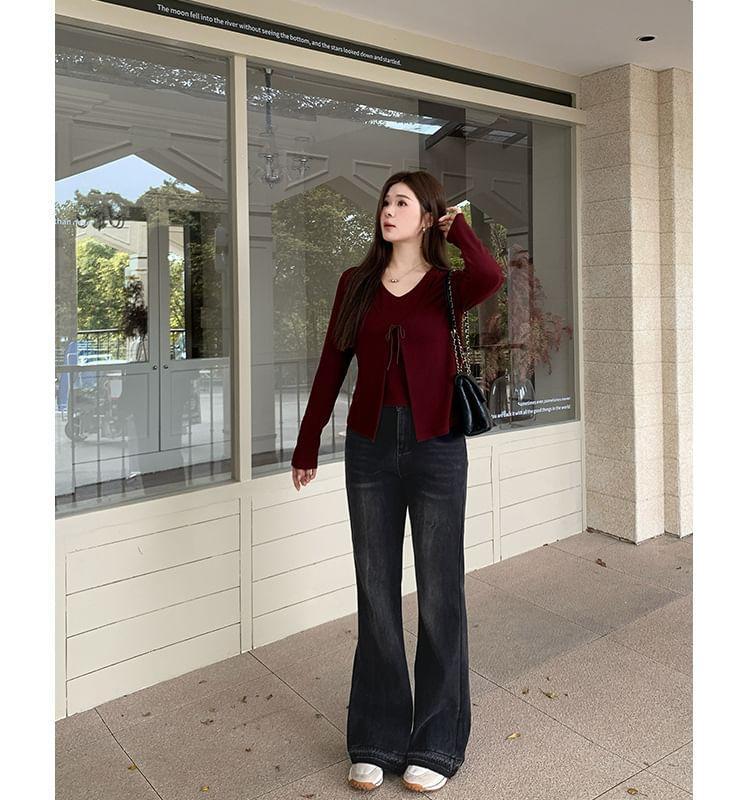 High Rise Washed Fleece-Lined Flared Jeans Product Image