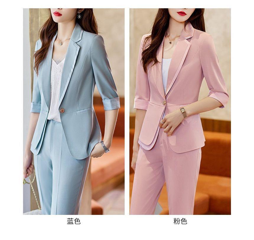 3/4-Sleeve Plain One-Buttoned Blazer / Crop Tapered Dress Pants Product Image