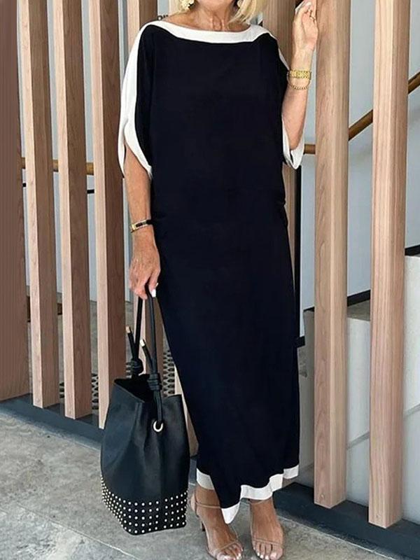 Batwing Sleeves Loose Split-Joint Boat Neck Maxi Dresses Product Image