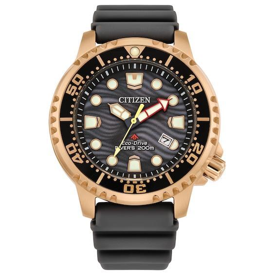 Men's Citizen Eco-DriveÂ® Promaster Dive Rose-Tone PVD Black Strap Watch with Grey Dial (Model: Bn0163-00H) Product Image