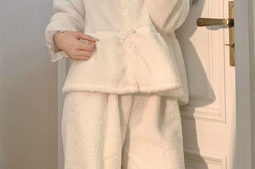 Ruffle Trim Fleece Pajama Set Product Image