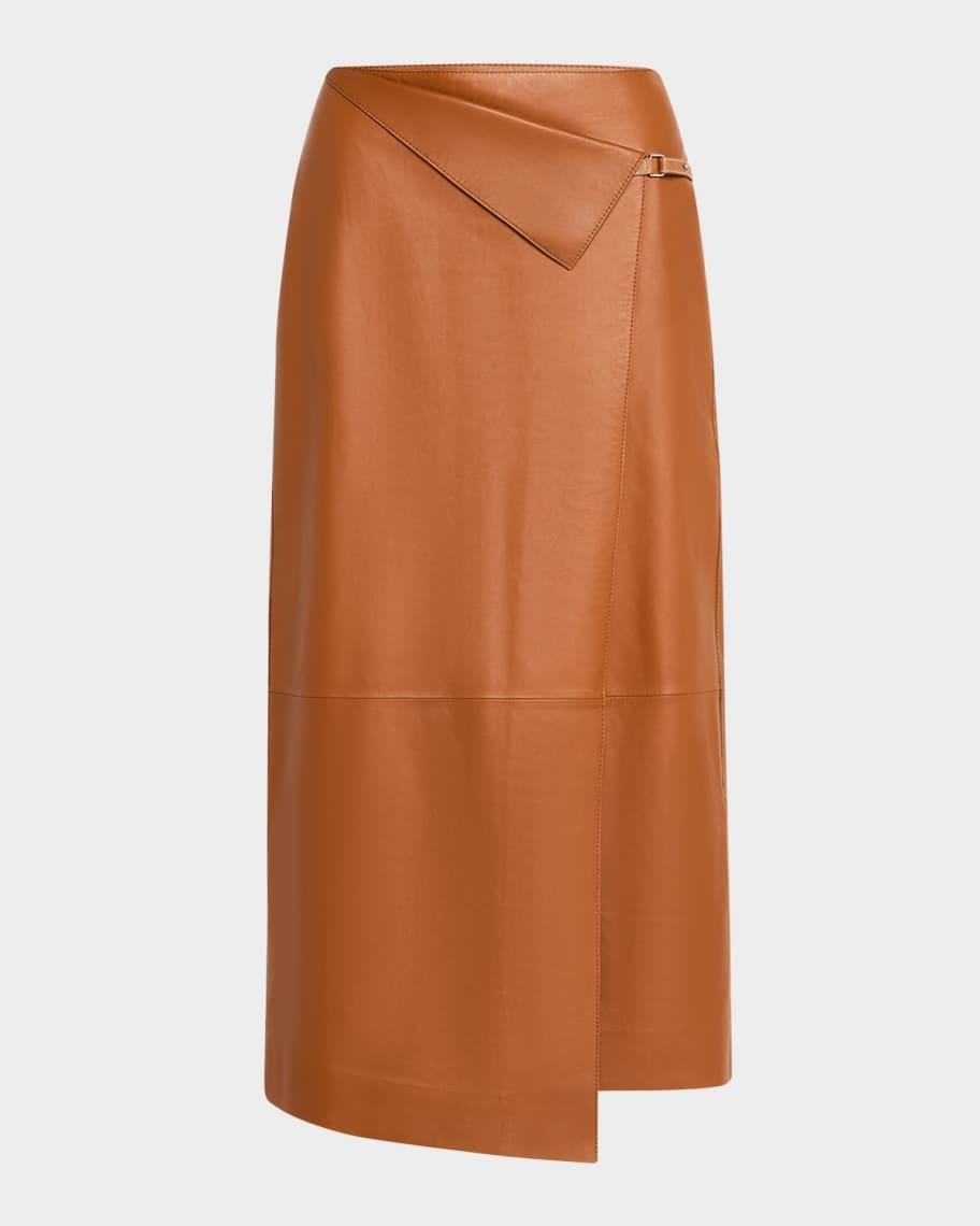 A-Line Faux Wrap Leather Midi Skirt product image