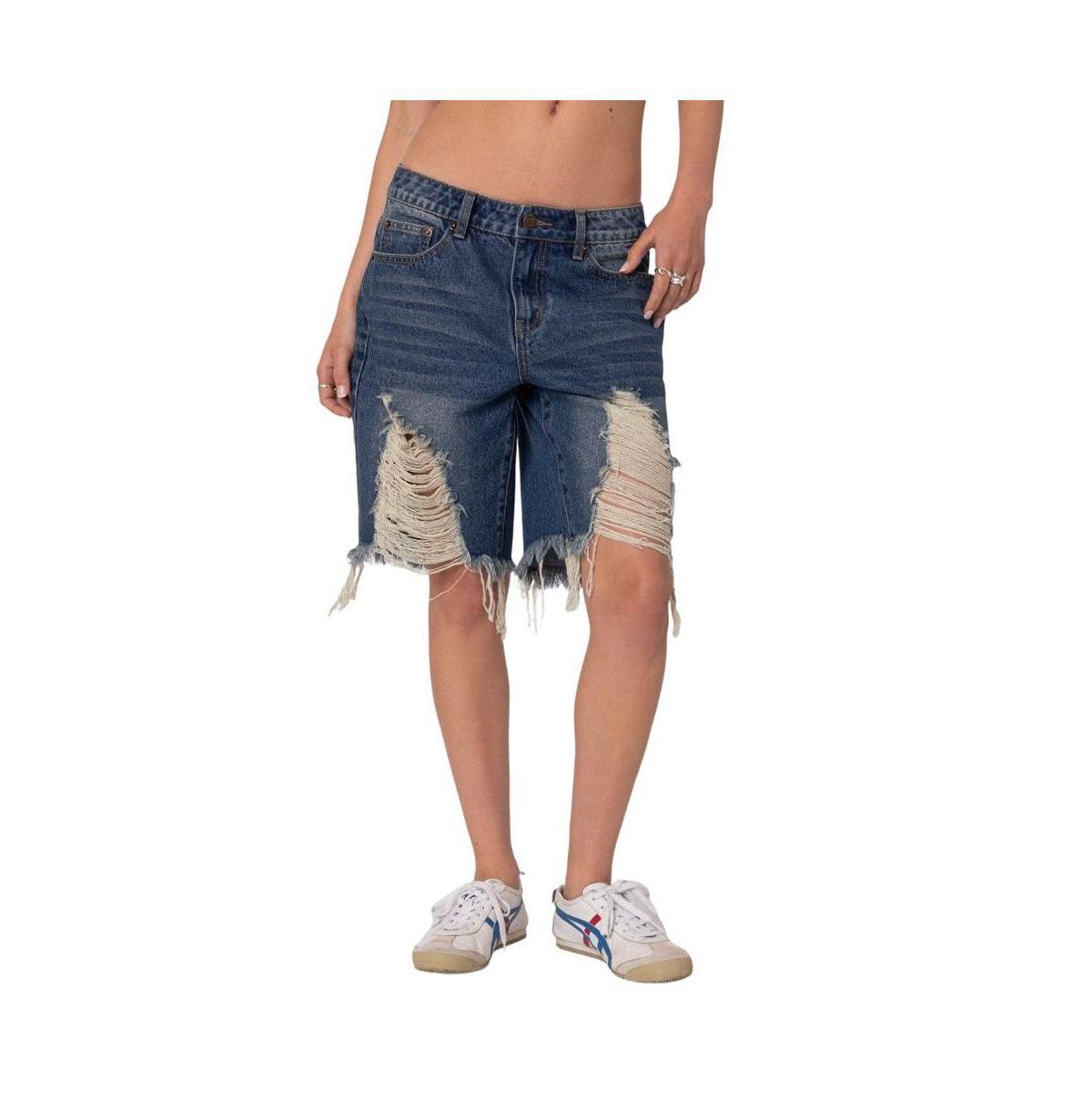 Women's Distressed Denim Bermuda Shorts Product Image