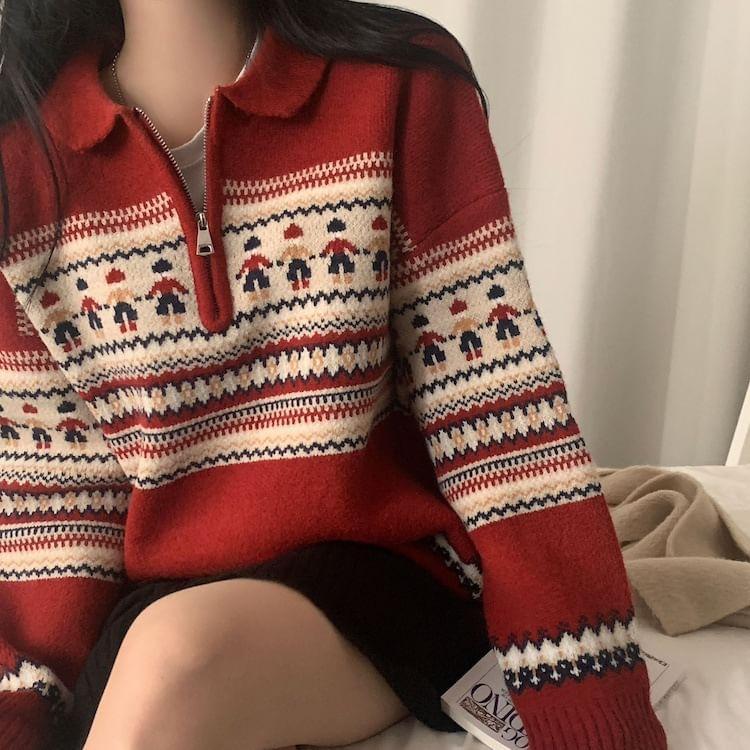 Long-Sleeve Christmas Patterned Half-Zip Polo-Neck Sweater Product Image