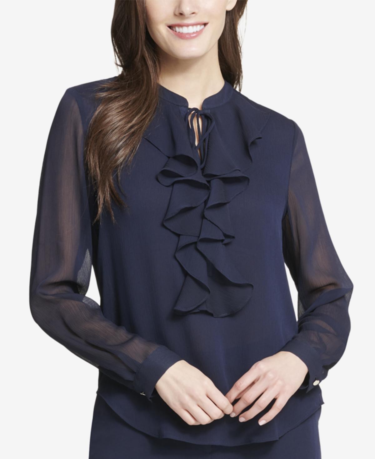 Tommy Hilfiger Womens Ruffled Tie-Neck Blouse Product Image