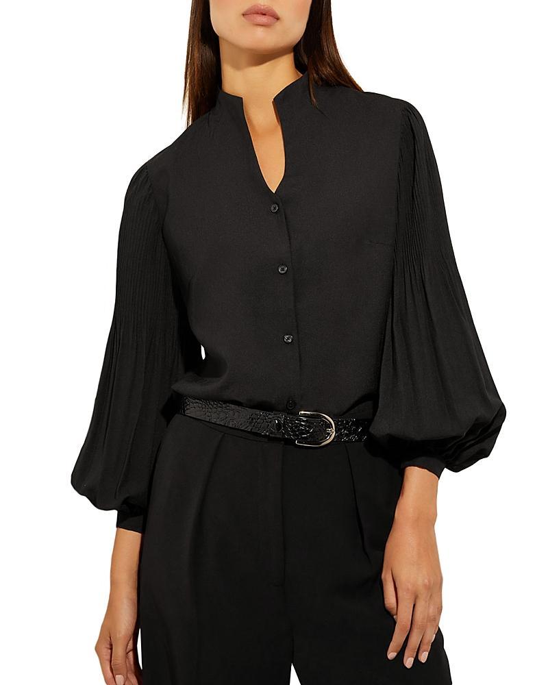 Misook Pleated Balloon Sleeve Crepe Button-Up Blouse Product Image