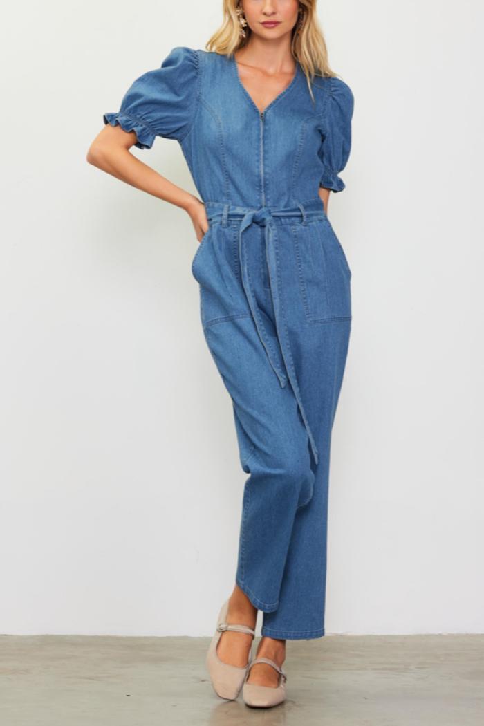 WASHED DENIM SHORT SLEEVE JUMPSUIT Product Image