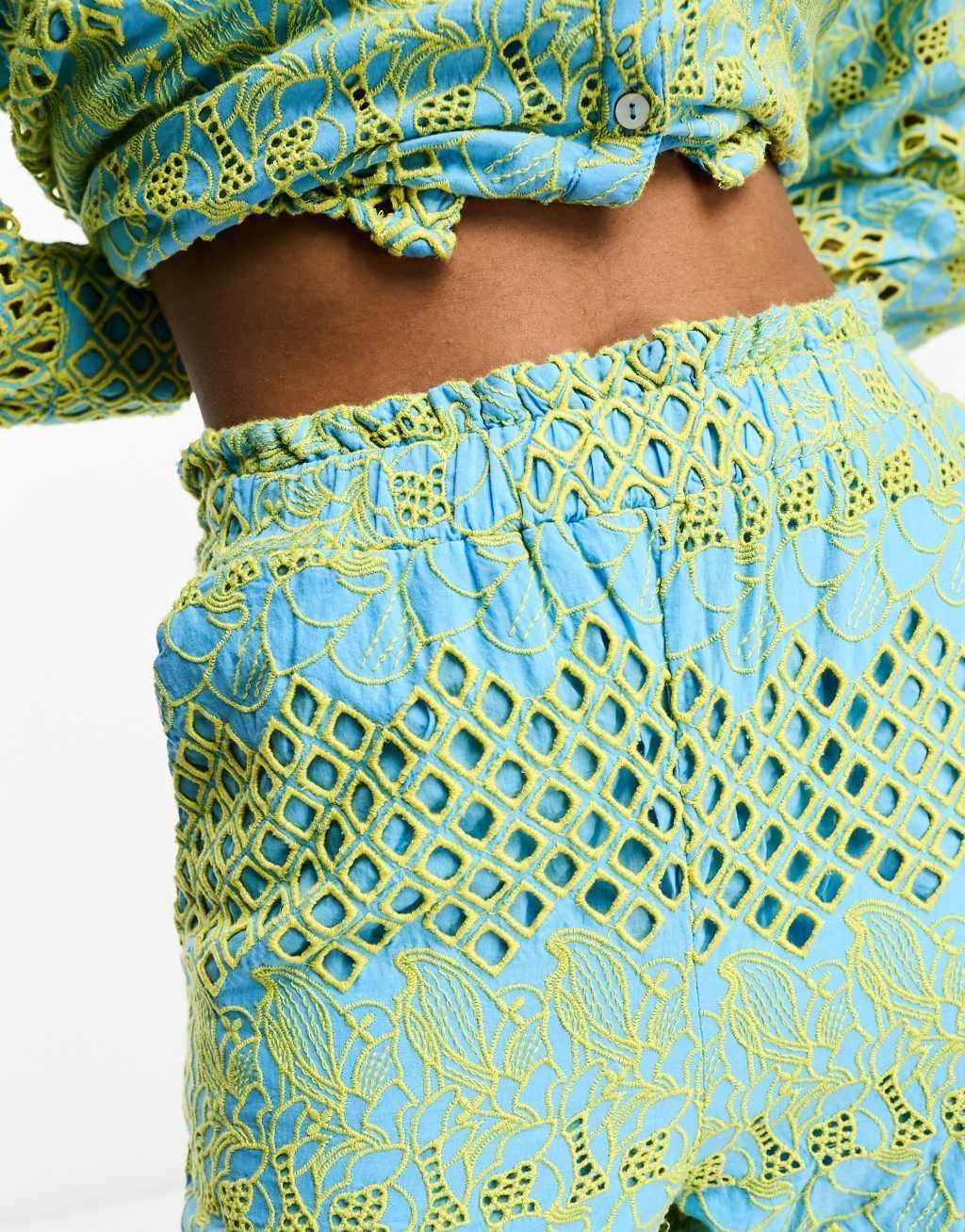 Y.A.S eyelet wide leg pants in blue and yellow - part of a set Product Image