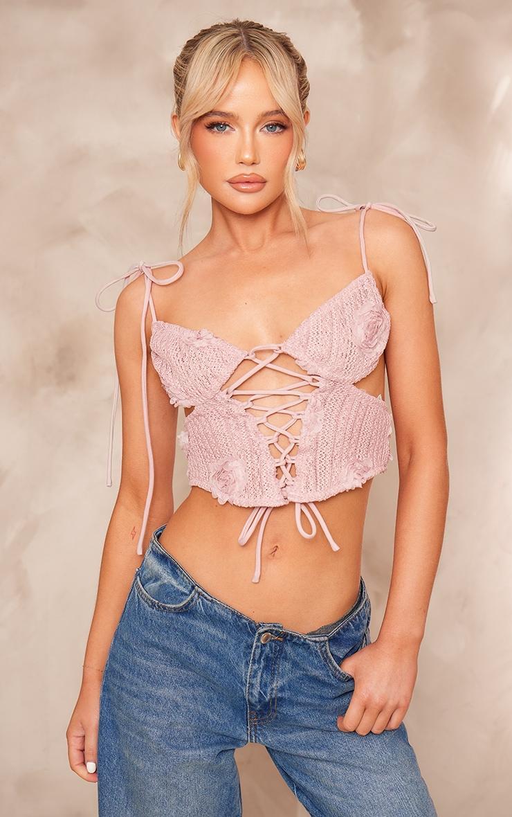 Pink Textured Floral Applique Cut Out Top Product Image