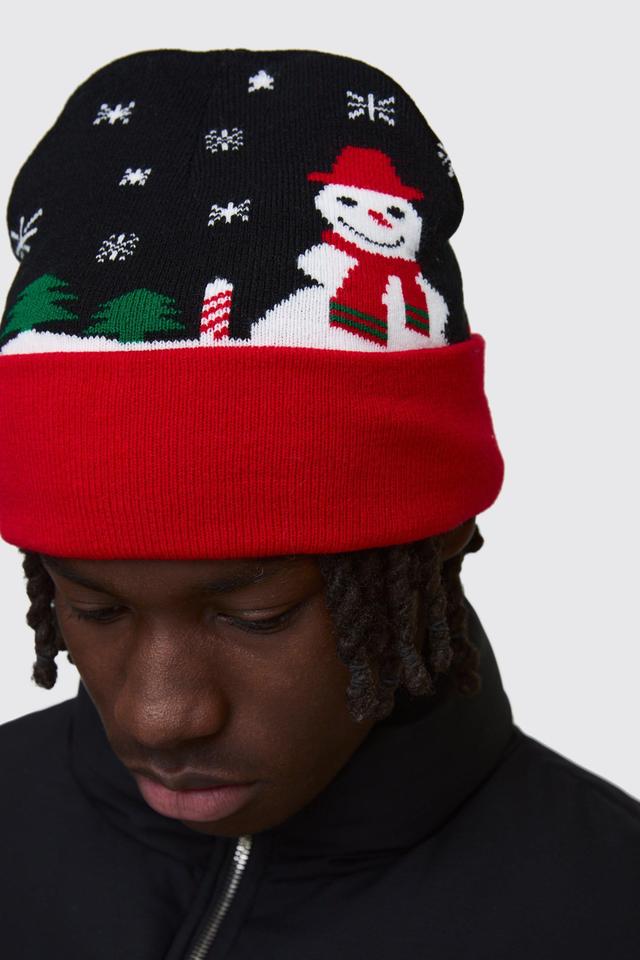 Festive Graphic Beanie in Black | boohooMAN USA Product Image