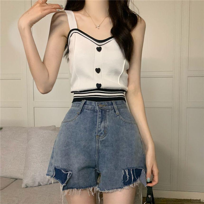 Two Tone Heart Button Crop Knit Tank Top Product Image