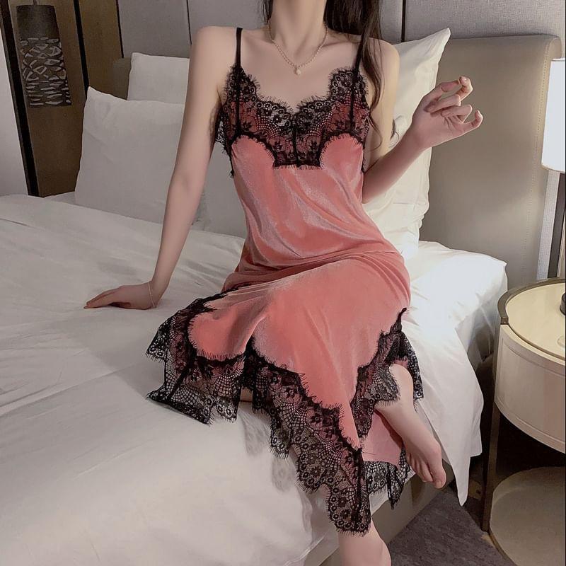 Spaghetti Strap V-Neck Lace Panel Slit Velvet Midi Nightdress / Pajama Robe / Set Product Image