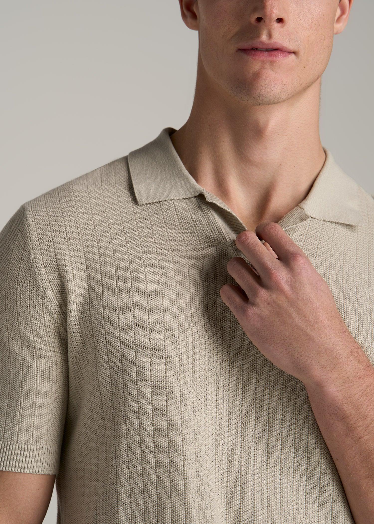 Linen Blend Ribbed Knit Polo Shirt for Tall Men in Stone Product Image