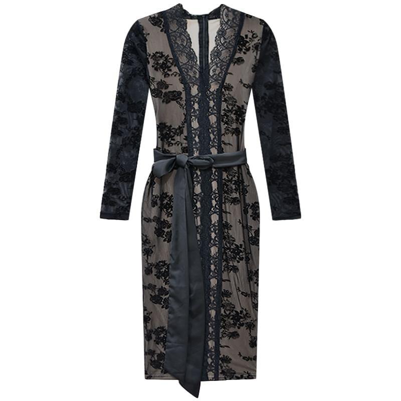 Long-Sleeve V-Neck Flower Embroidered Lace Trim Midi Sheath Dress / Mini Dress Product Image