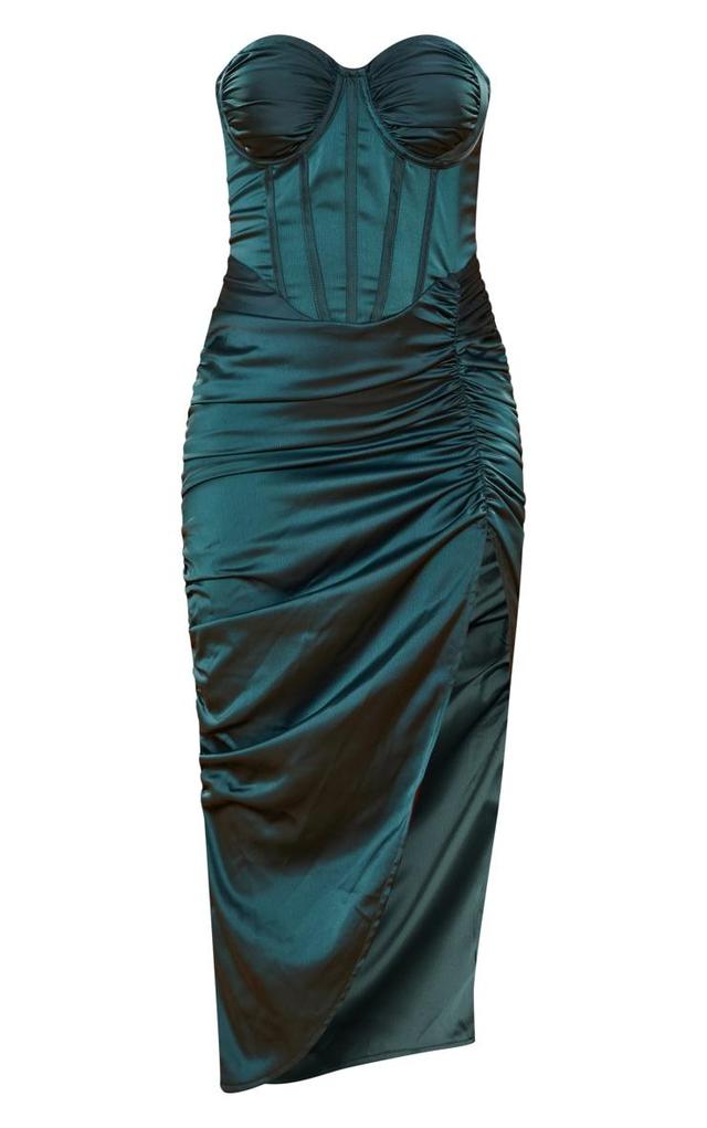 Emerald Green Satin Bandeau Cup Detail Ruched Split Midaxi Dress Product Image