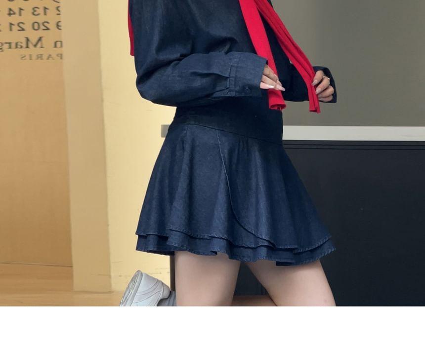 Plus Size Long-Sleeve Bow Embroidered Denim Shirt / High Waist Mini A-Line Skirt / Plain Capelet / Set Product Image