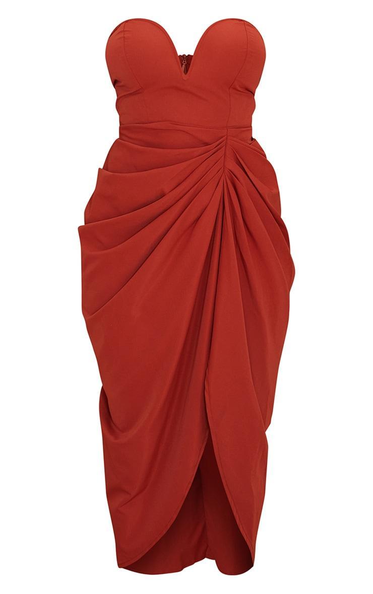 Rust Woven Bandeau V Bar Gathered Hip Midi Dress Product Image