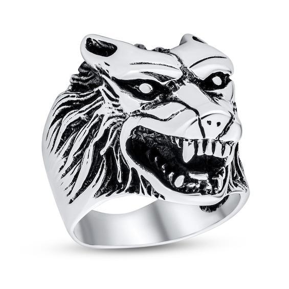 Men's Oxidized Roaring Wolf Head Ring in Sterling Silver Product Image