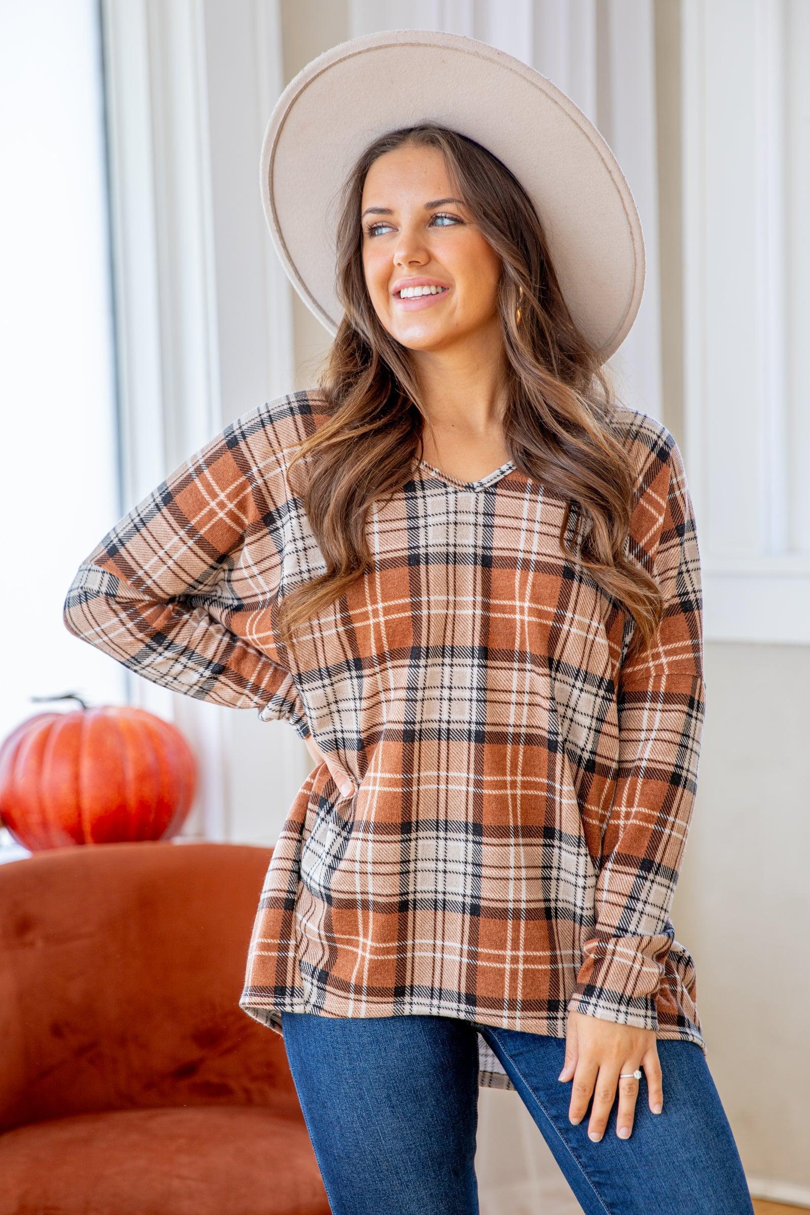 Tan Plaid V-Neck Top Product Image