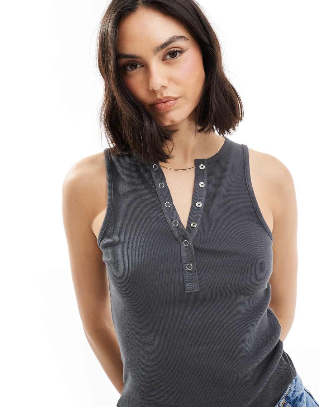 Miss Selfridge sleeveless snap top in charcoal Product Image