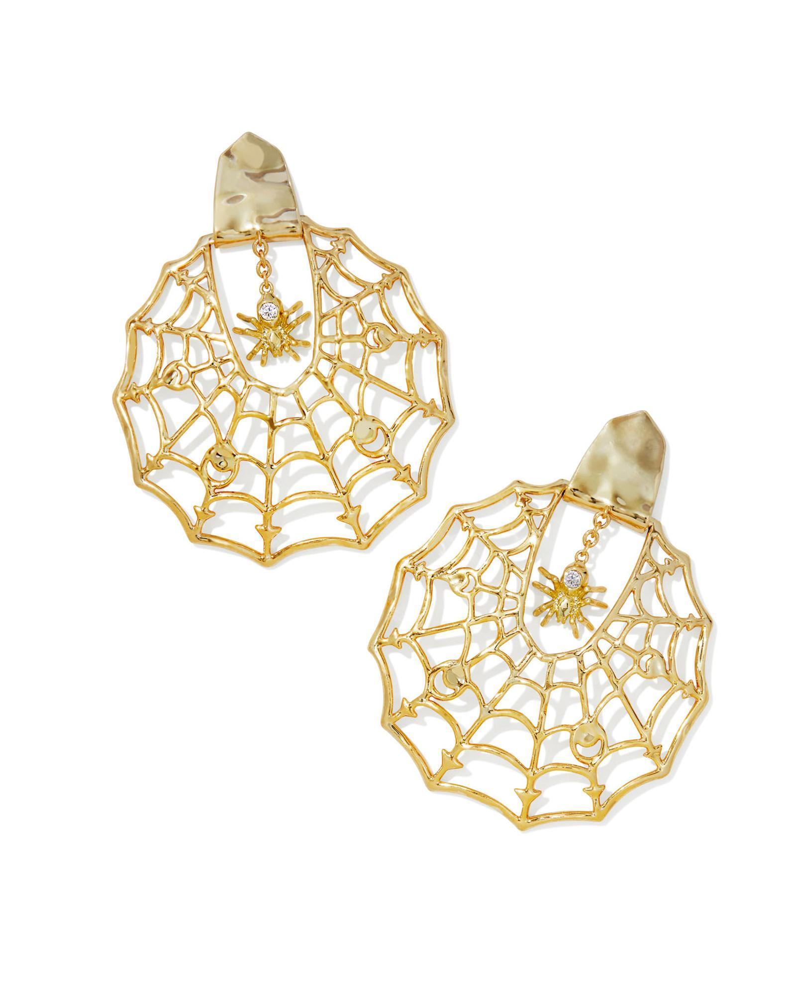 Spiderweb Gold Statement Earrings in White Crystal Product Image