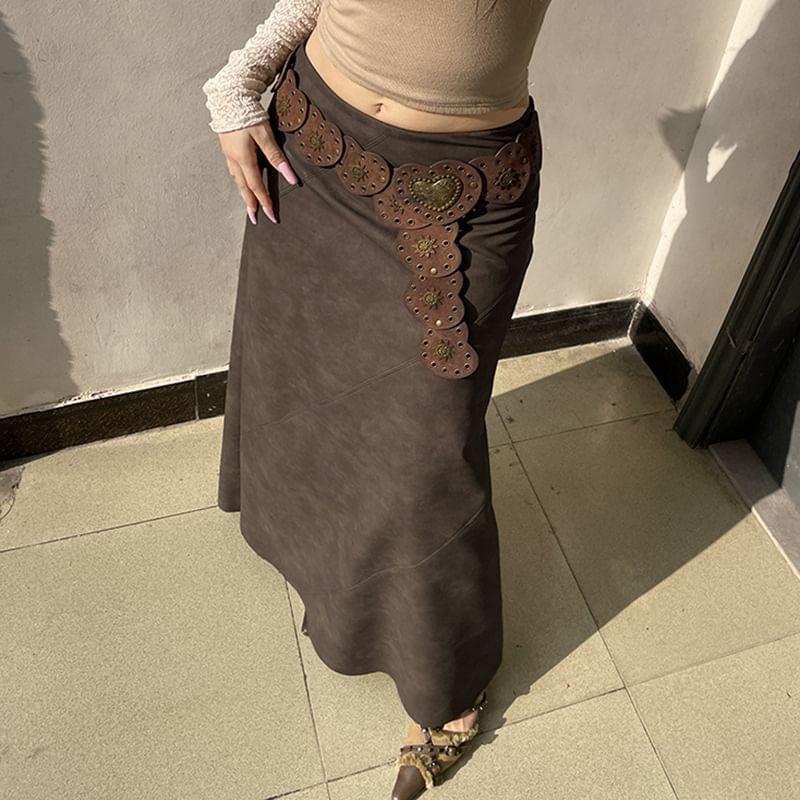 High Waist Faux Leather Maxi A-Line Skirt Product Image