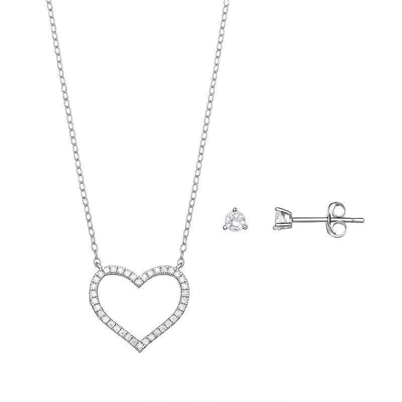 PRIMROSE Sterling Silver Cubic Zirconia Earring & Open Heart Necklace Set, Womens Product Image