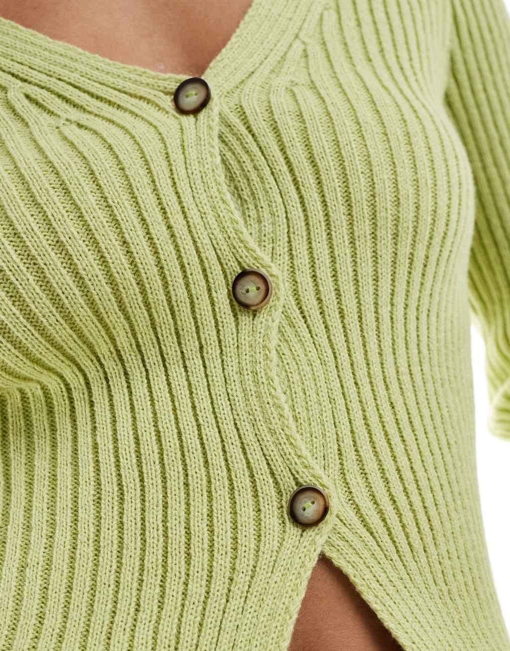 ASOS DESIGN rib knit v neck cardigan in sage green Product Image