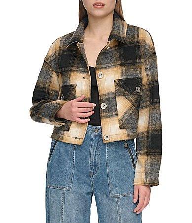 DKNY Plaid Point Collar Long Sleeve Button Front Jacket Product Image