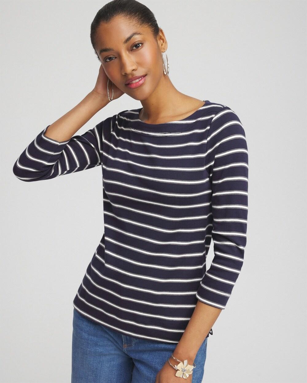 Stripe 3/4 Sleeve Bateau Neck Tee Product Image