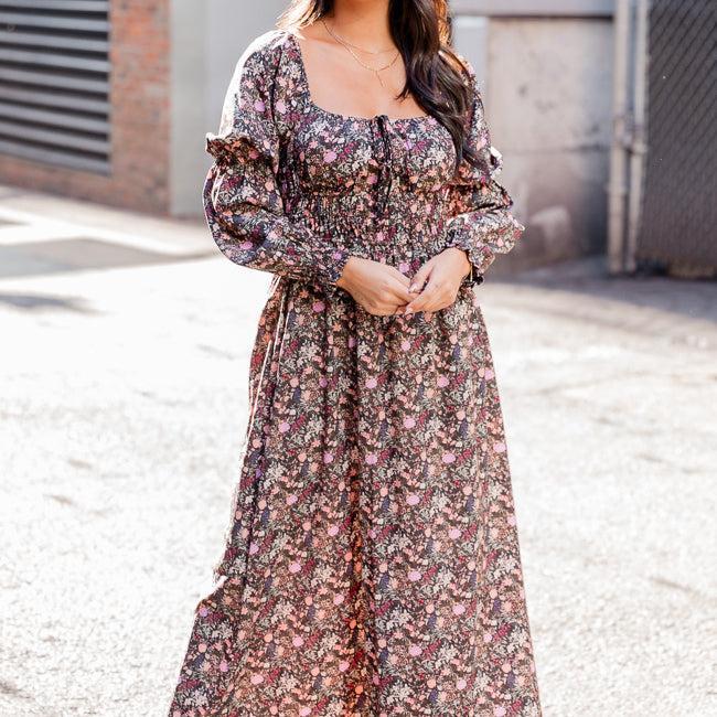 For The Last Time Black Multi Floral Long Sleeve Midi Dress FINAL SALE Product Image