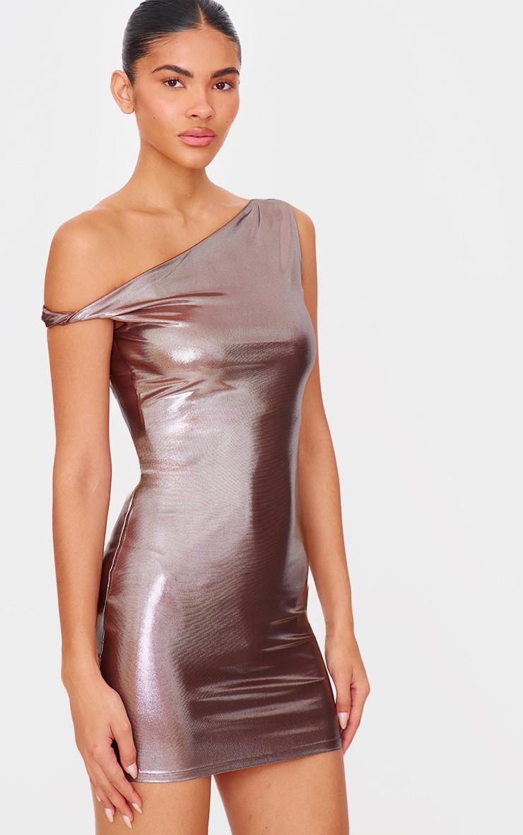 Bronze Metallic Asymmetric One Shoulder Mini Dress Product Image