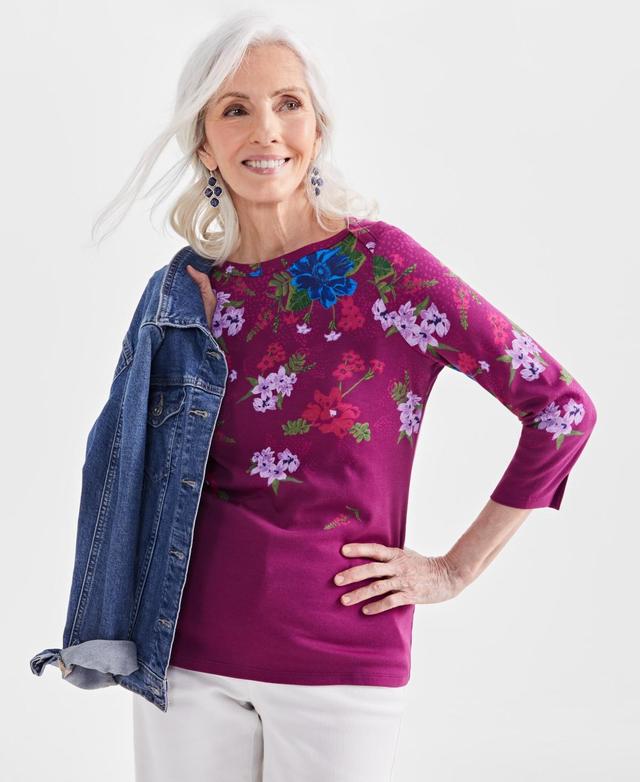 Style & Co Womens Printed Pima Cotton 3/4-Sleeve Top, Created for Macys Product Image