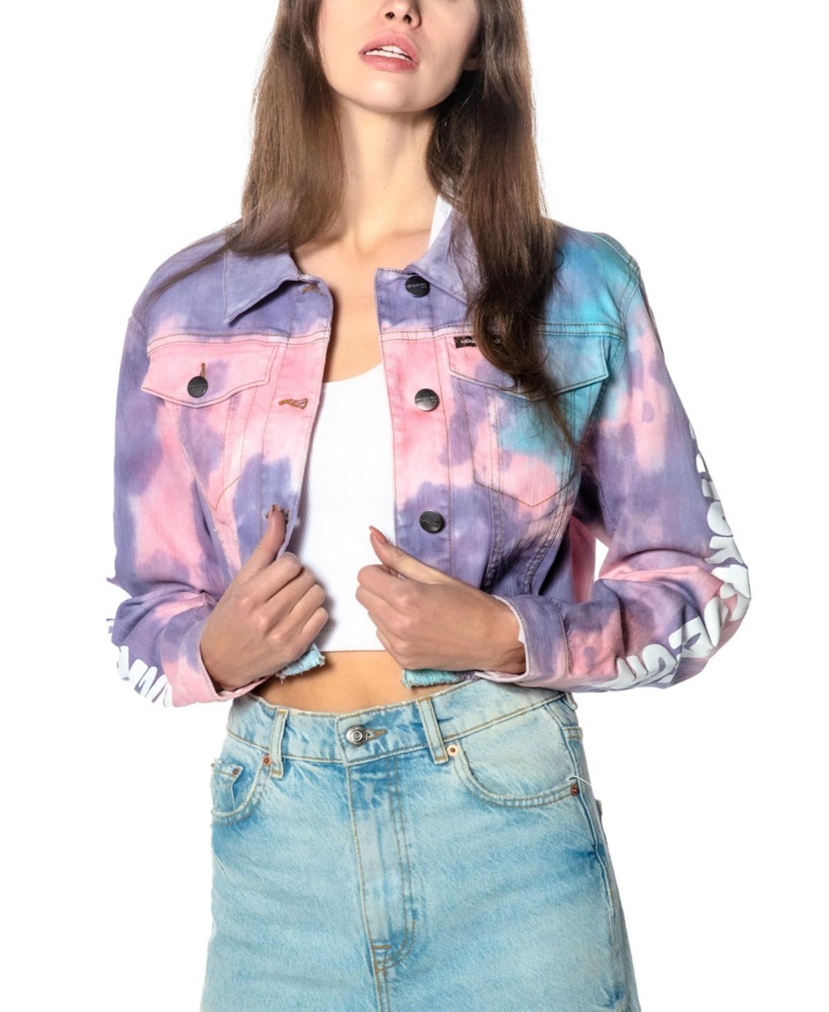 Members Only Womens Rugrats Tie-Dye Frayed Crop Denim Jacket Product Image