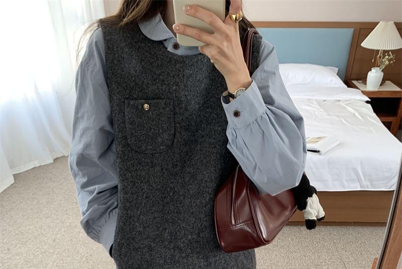 Long-Sleeve Plain Blouse / Sleeveless Tweed Mini Dress Product Image