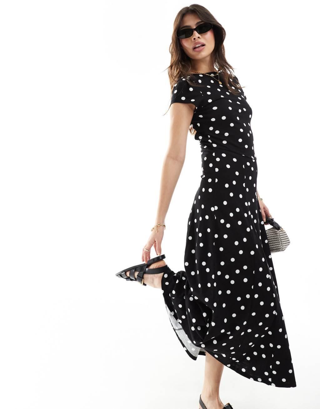 ASOS DESIGN short sleeve low back maxi dress in monochrome polka dot Product Image