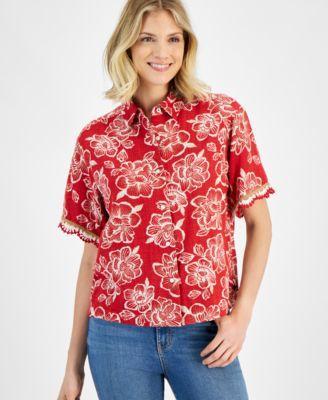 Women's Floral-Print Crochet-Trim Short-Sleeve Shirt Product Image