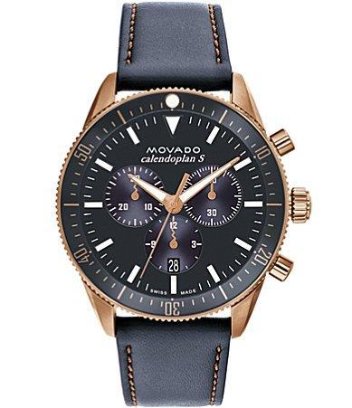 Movado Mens Calendoplan Quartz Chronograph Navy Leather Strap Watch Product Image