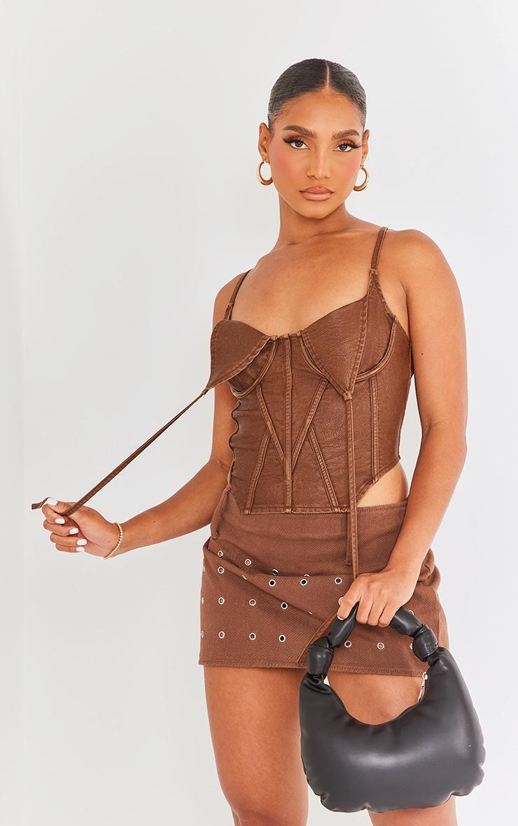 Brown Washed Faux Leather Under Wire Seam Detail Corset Product Image