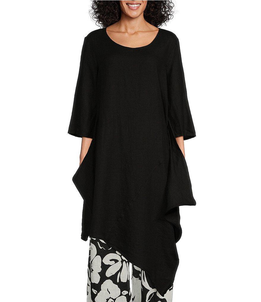 Bryn Walker Naida Light Linen Scoop Neck 3/4 Sleeve Asymmetrical Hem Tunic Product Image