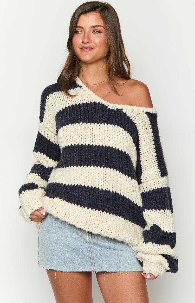 Delvey Navy Striped Chunky Knit Sweater Product Image