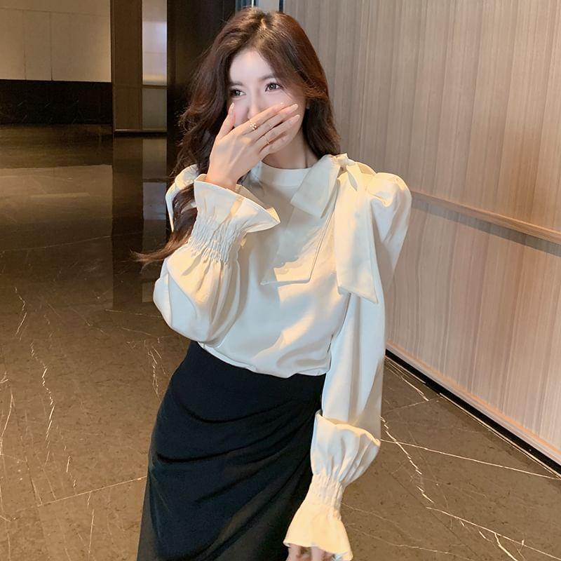 Long-Sleeve Mock Neck Plain Bow Satin Blouse Product Image