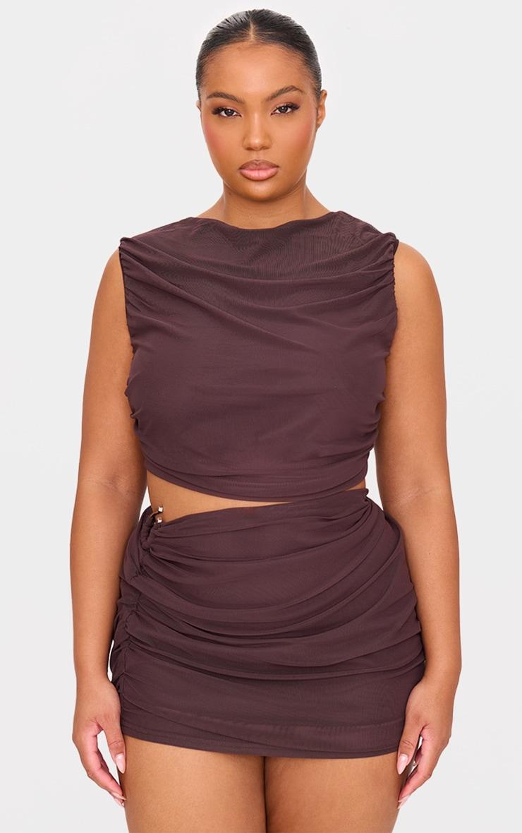 Plus Chocolate Mesh Ruched Trim Detail Crop Top product image