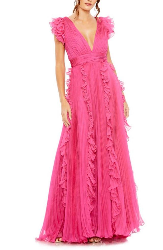 Pleated Ruffle Cap Sleeve Chiffon Gown In Fuchsia Product Image