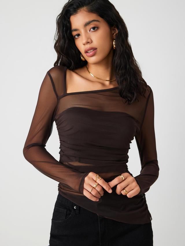 Mesh Asymmetrical Neck Long Sleeve Top Product Image