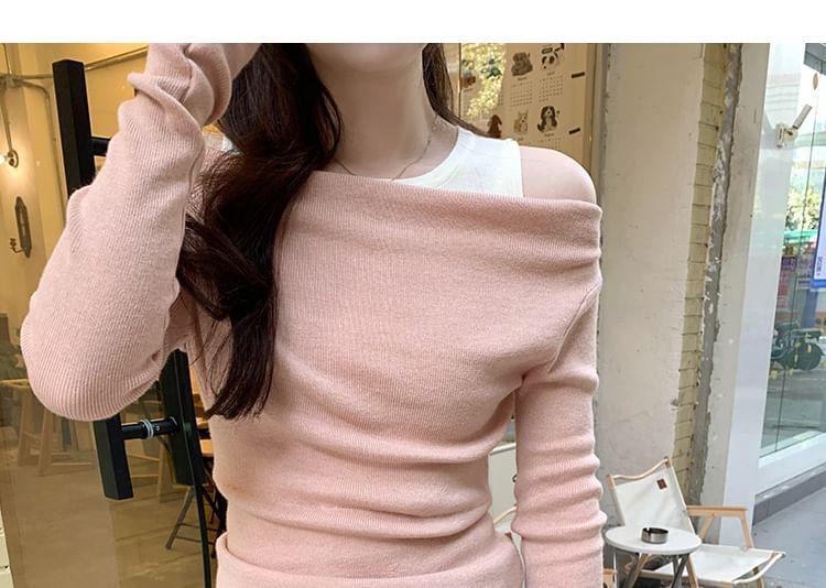 Long Sleeve Cold Shoulder Mock Two Piece Knit Top Product Image