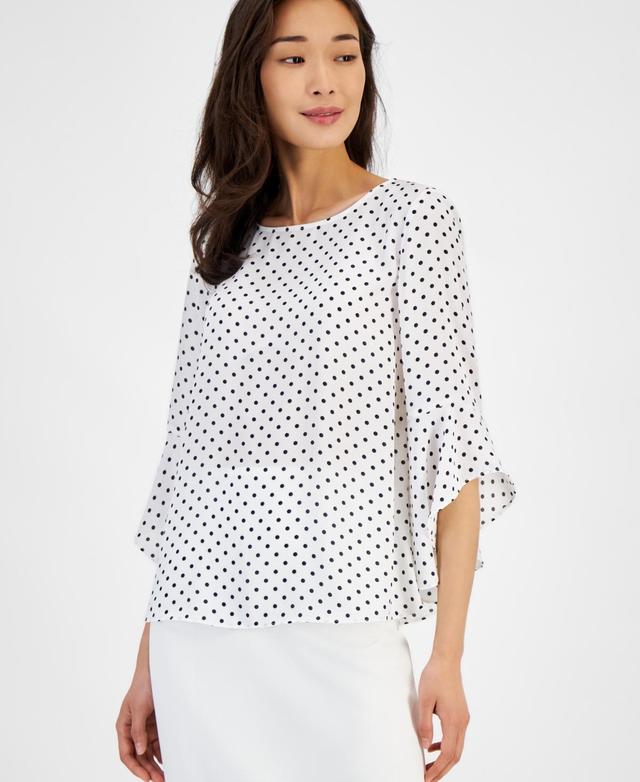 Kasper Womens Dot-Print Crewneck Ruffle-Sleeve Top, Created for Macys - White Product Image