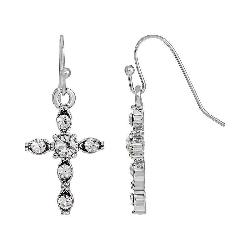 Symbols of Faith Silver-Tone Crystal Cross Drop Earrings, Womens Product Image