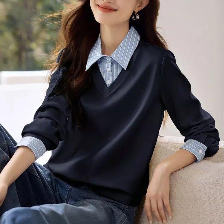 Mock Two-Piece Striped Panel Sweatshirt Product Image